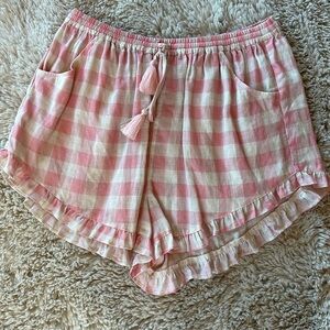 Spell Pink and Cream Gingham Flora Ruffle Hem Shorts